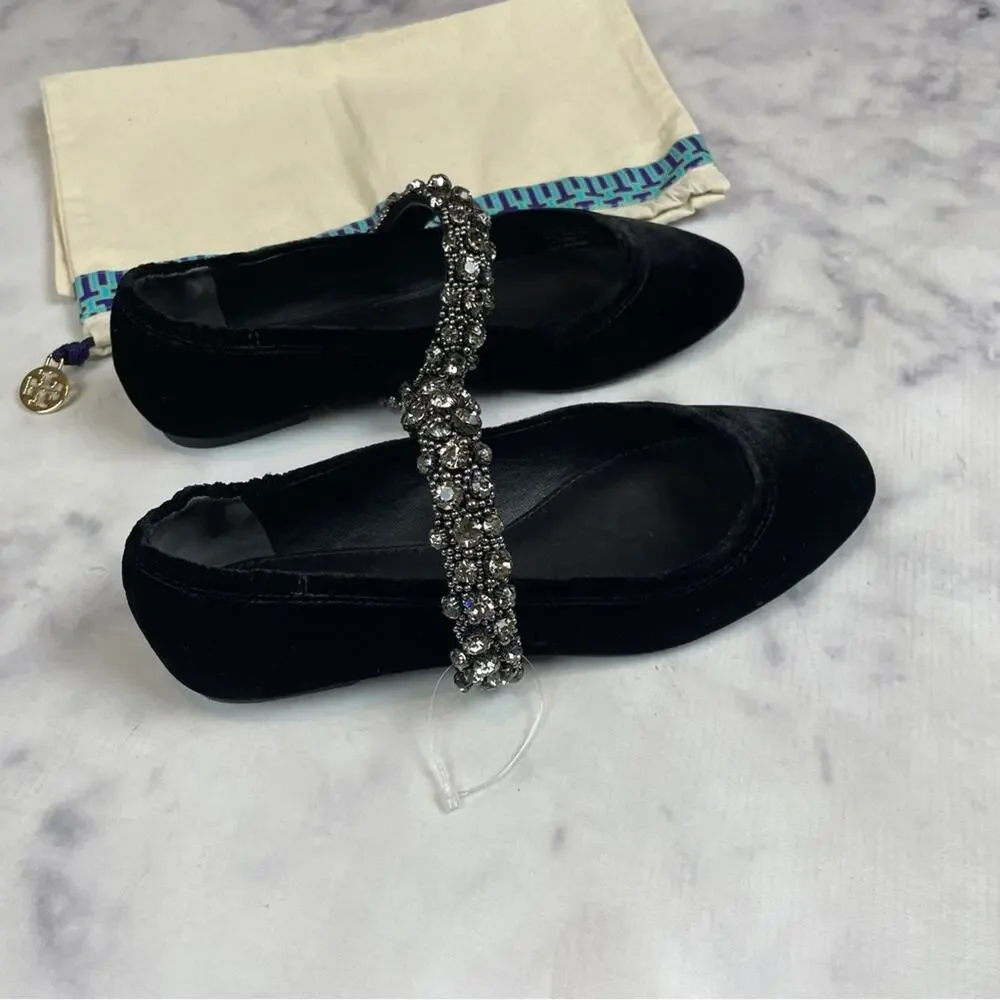 Tory Burch Black Velvet Crystal Strap Mary Jane Flats NWOB Sz 6.5